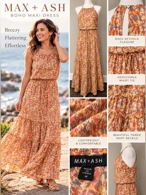 Max + Ash Boho Abstract Print Tiered Halter Maxi Dress Size M